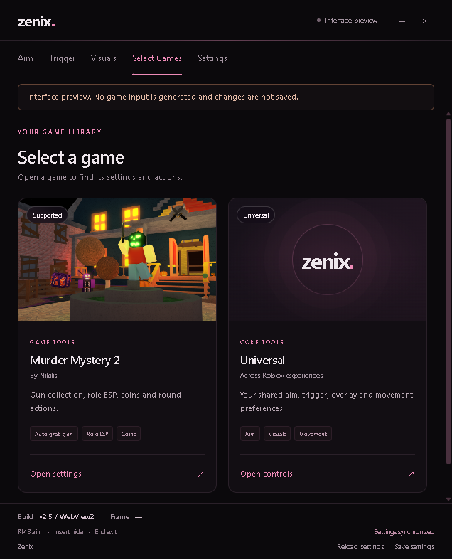 Zenix Select Games interface with Murder Mystery 2 and Universal profiles